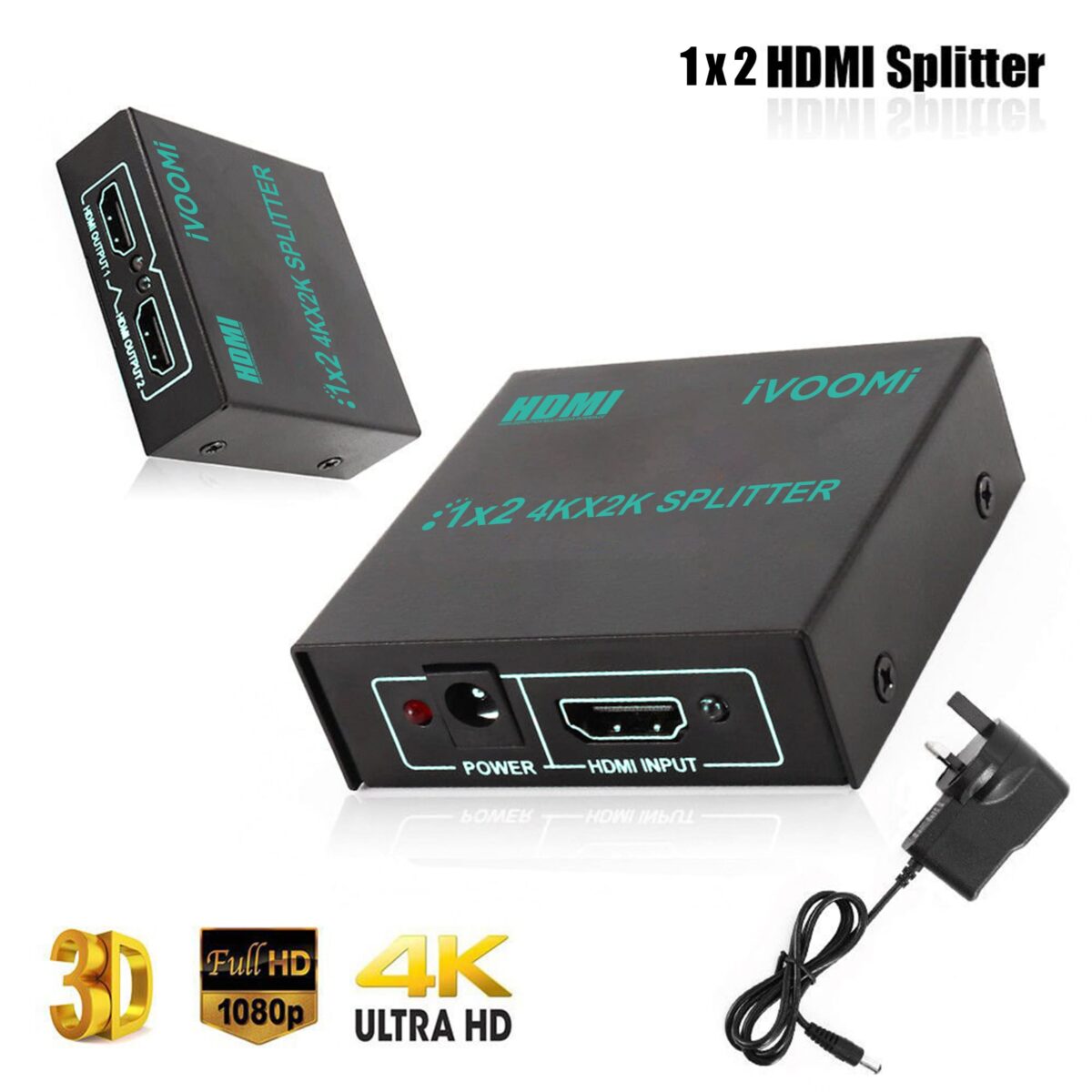 iVOOMi 4K HDMI 2 Port Splitter | 1in2 Out – 1 Port to 2 Display Duplicate/Mirror – Supports 4Kx2K@30Hz 1080P 3D 3840 2160 for Xbox PS4 Sky Box | DVD Player | Power Adapter Inlcuded | 1 year Warranty - Image 2