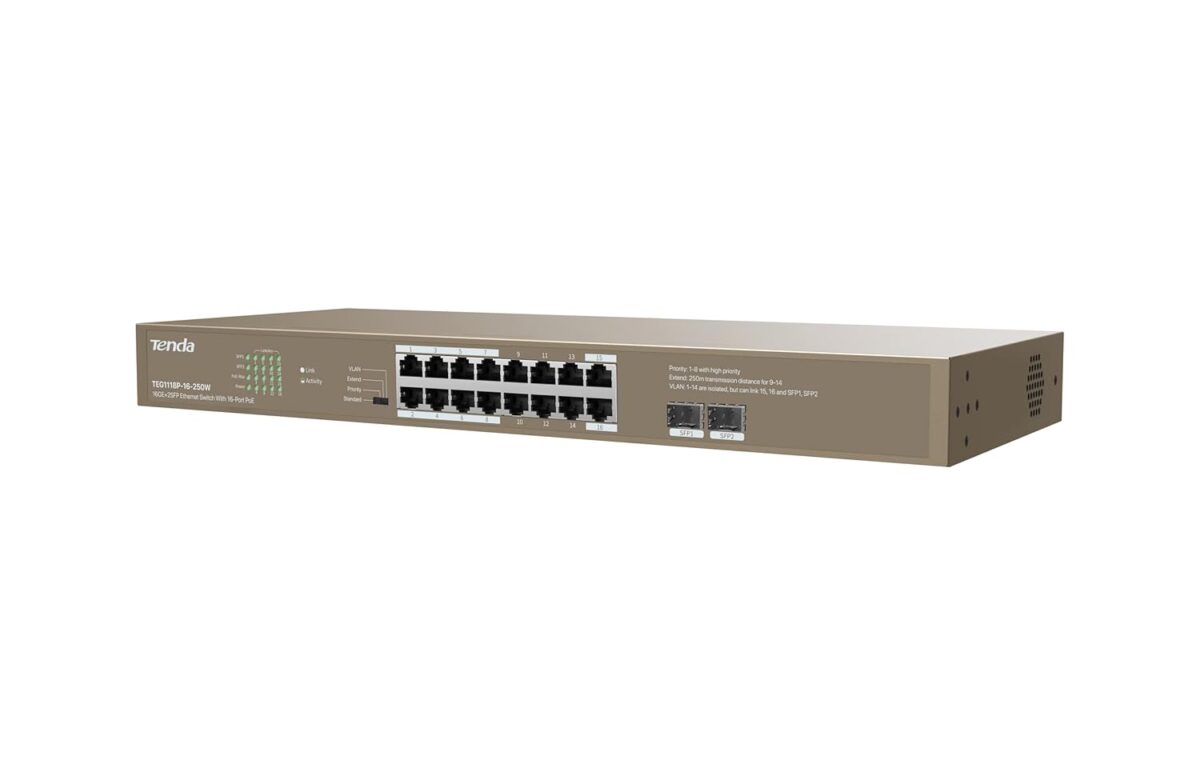 Tenda TEG1118P-16-250W Unmanaged Gigabit Ethernet Network Switch (10/100/1000), 16GE+2SFP Ethernet Switch with 16-Port PoE - Image 3