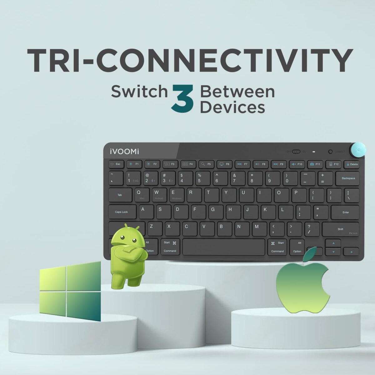 iVOOMi Finn Black Wireless 2.4 ghz/Dual BT Keyboard, BIS Approved, Noiseless Switches, Multimedia Keys with Rupees Key and Volume Knob, on/Off Switch, Win/Mac/Linux/Android - 1 Year Warranty - Image 7