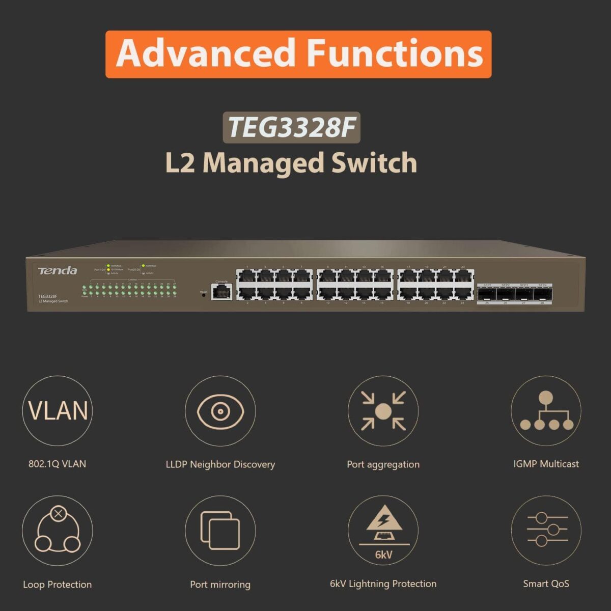 Tenda TEG3328F 28-Port L2+ Gigabit Smart Managed Switch | 24 Port GE, 4 x 1G SFP with 1 x Console Port - Image 2