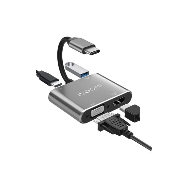 iVOOMi Metal HUB 1x4 Docking Station, USB-C to HDMI, VGA, USB 3.0, and USB-C Charging Port, Rapid Data Transfer