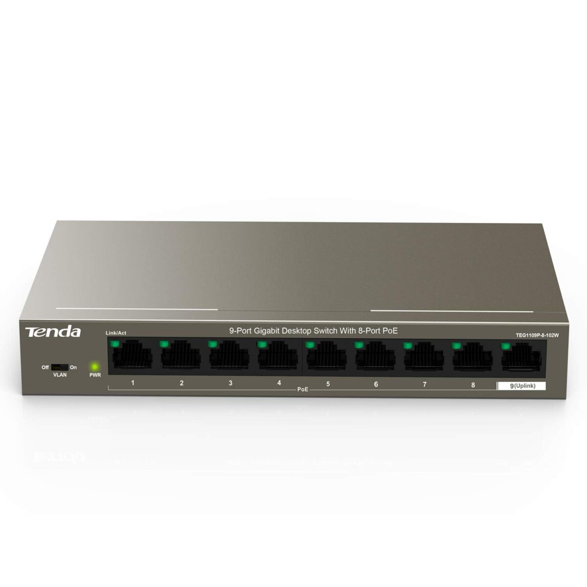 Tenda 9 Port Gigabit PoE Ethernet Switch- with 8Ãƒâ€”PoE @102W, Plug and Play, Office Size, Metal Housing - Image 1