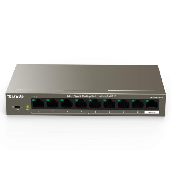 Tenda 9 Port Gigabit PoE Ethernet Switch- with 8Ãƒâ€”PoE @102W, Plug and Play, Office Size, Metal Housing