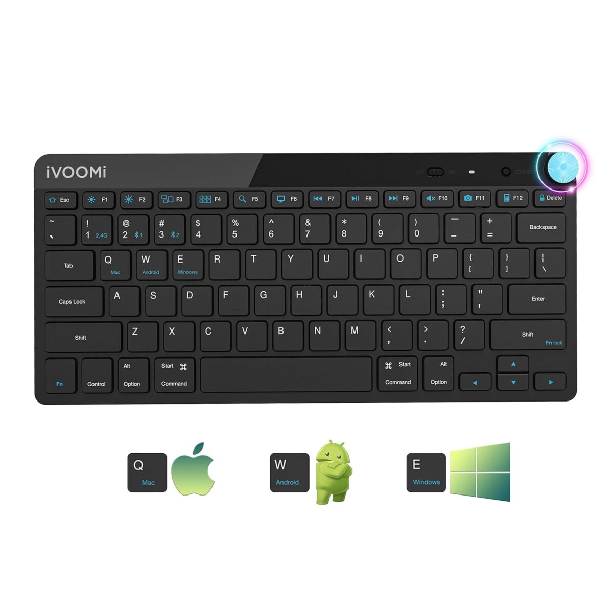iVOOMi Finn Black Wireless 2.4 ghz/Dual BT Keyboard, BIS Approved, Noiseless Switches, Multimedia Keys with Rupees Key and Volume Knob, on/Off Switch, Win/Mac/Linux/Android - 1 Year Warranty - Image 1