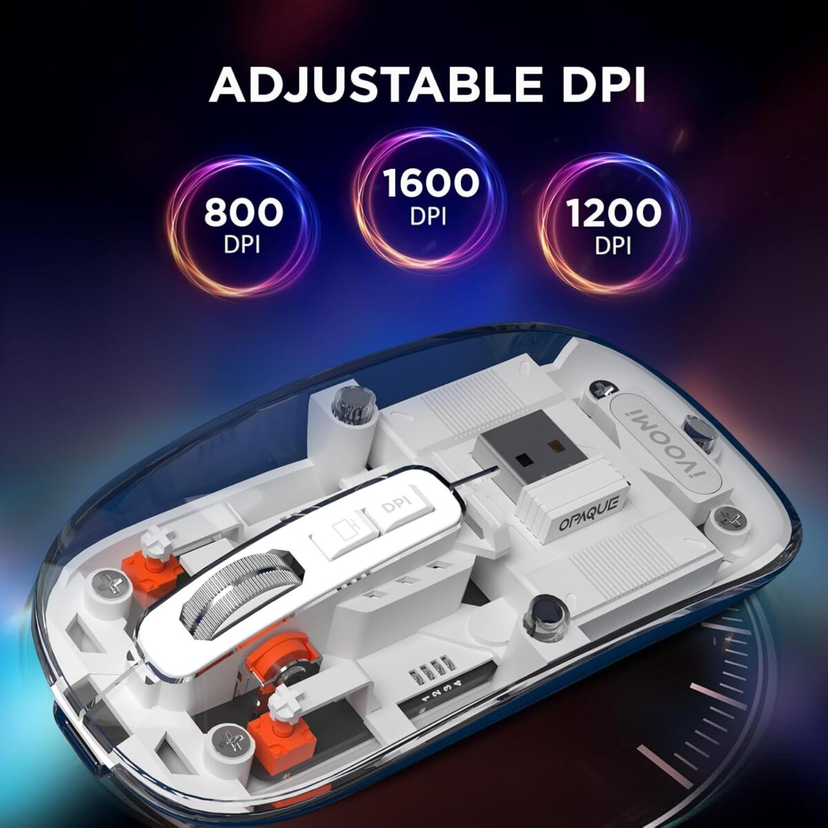iVOOMi Opaque White Rechargeable Wireless Mouse, Dual Mode (2.4GHz+BT), Dual Bluetooth, Silent Operation, Transparent Body, RGB, Battery Indicator, Compatible with Win/Mac/Linux/Android - Image 6