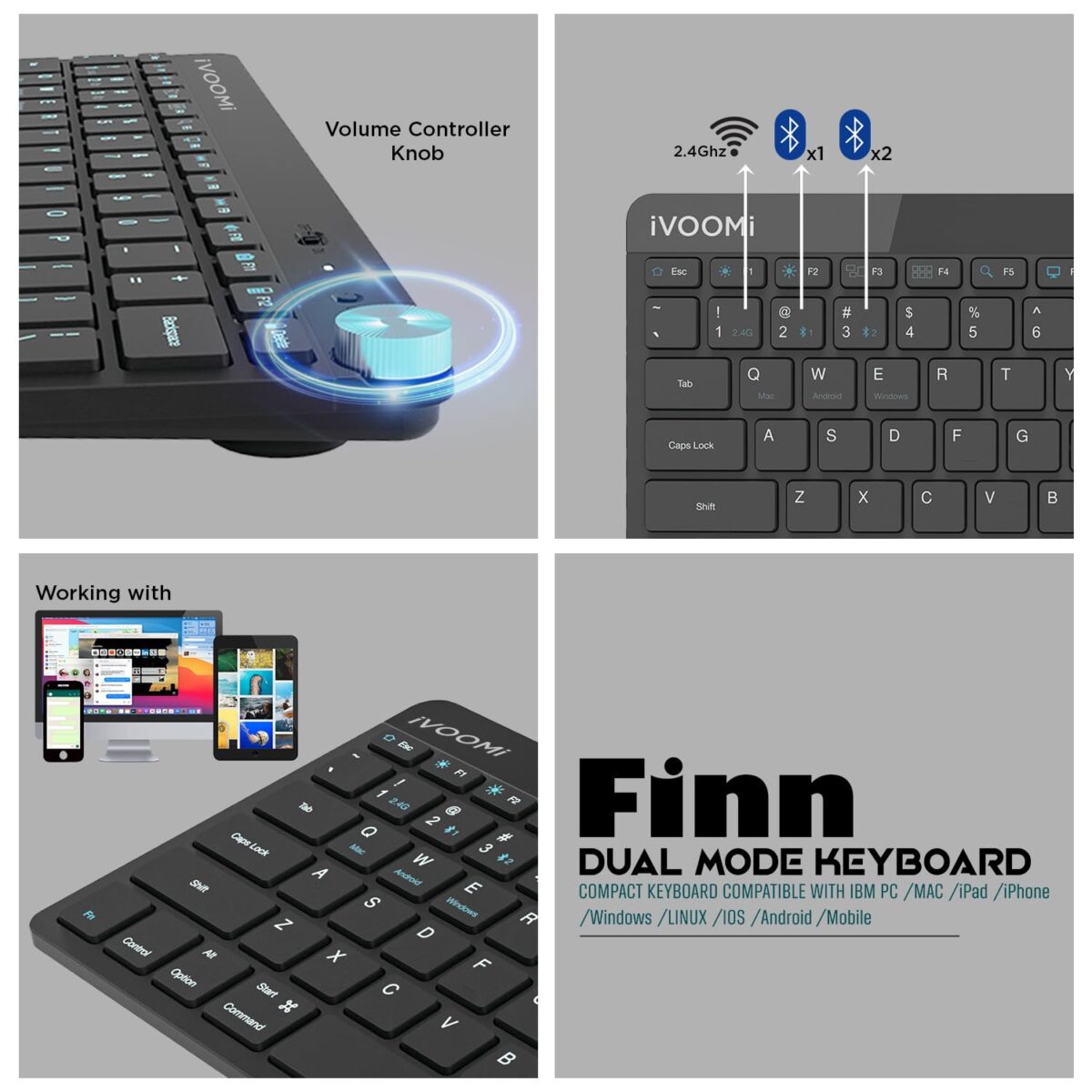 iVOOMi Finn Black Wireless 2.4 ghz/Dual BT Keyboard, BIS Approved, Noiseless Switches, Multimedia Keys with Rupees Key and Volume Knob, on/Off Switch, Win/Mac/Linux/Android - 1 Year Warranty - Image 6