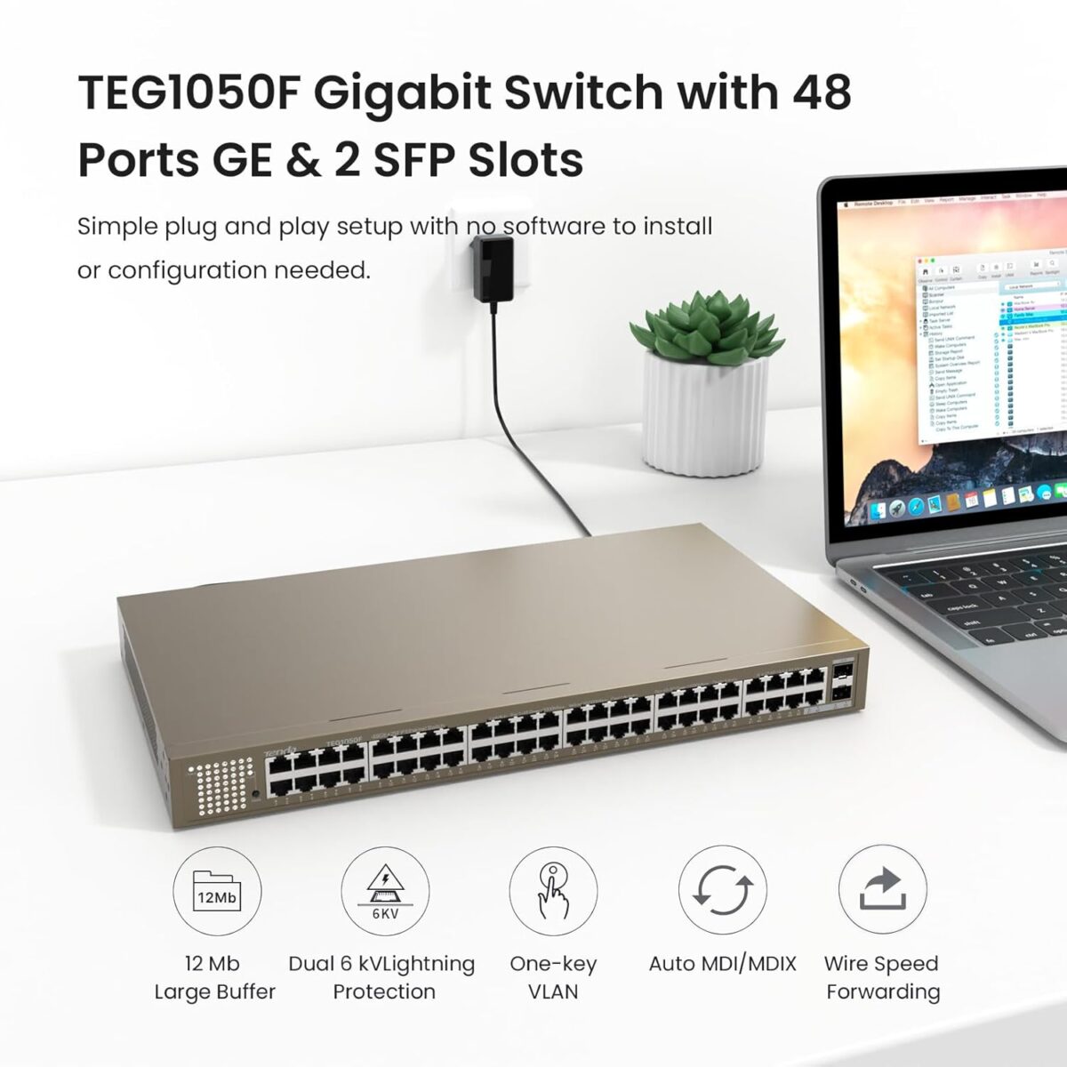 Tenda 50-Port Unmanaged Gigabit Ethernet Switch, Ethernet Splitter(TEG1050F)|48 x GE Ports, 2 x GE SFP Ports|Plug & Play|Desktop/Wall-Mount - Image 5