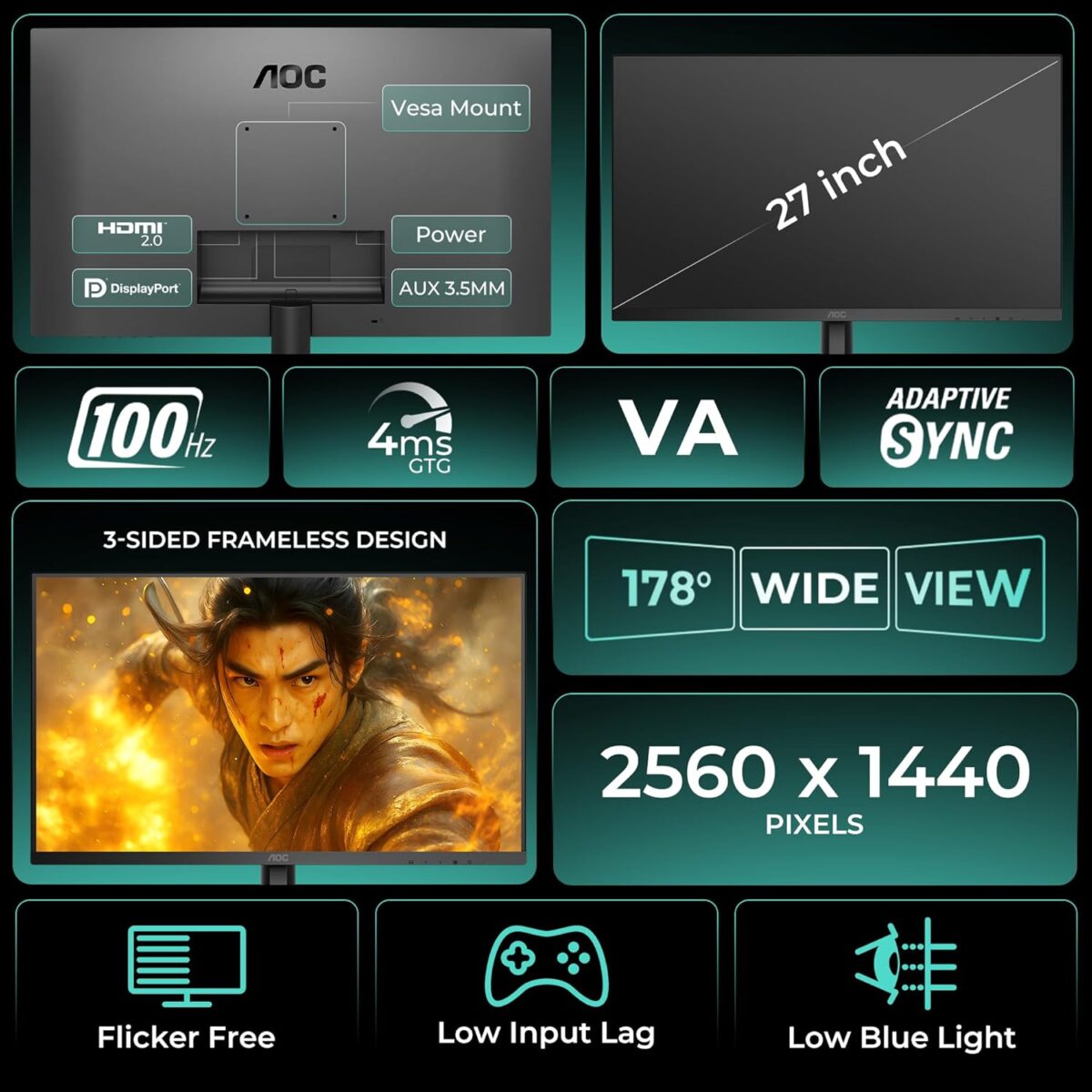 AOC Q27B3S2 Gaming Monitor 27 inch 2560 x 1440 Quad HD IPS Panel - Image 7