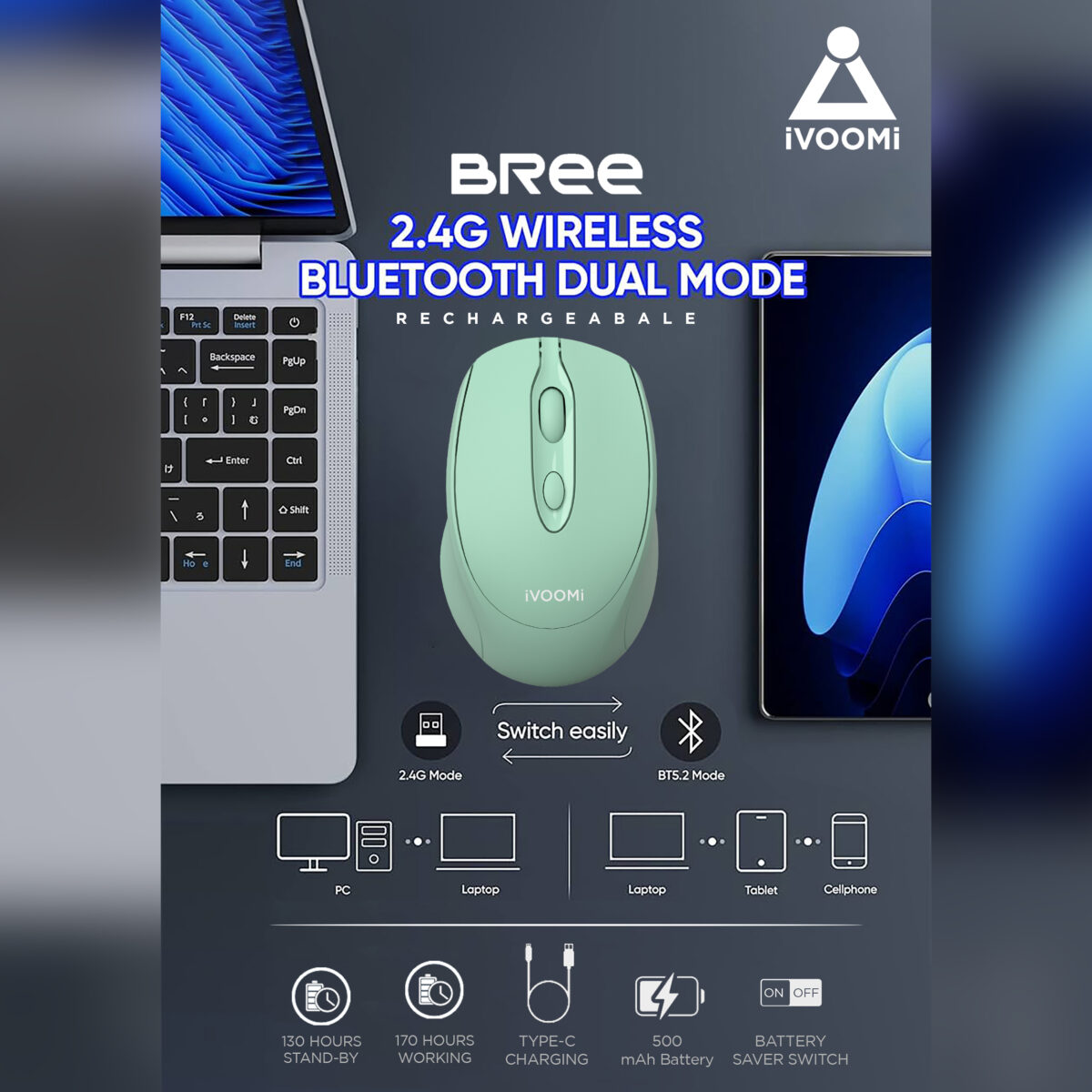IVooMI Silent CLICK Wireless Mouse: BT 5.0 & 2.4 GHz, rechargeable, On/Off switch, 12m range, adjustable DPI upto 1600, plug-&-play, compatible with MacBooks, Windows, & Android, 1 year Warranty. - Image 5