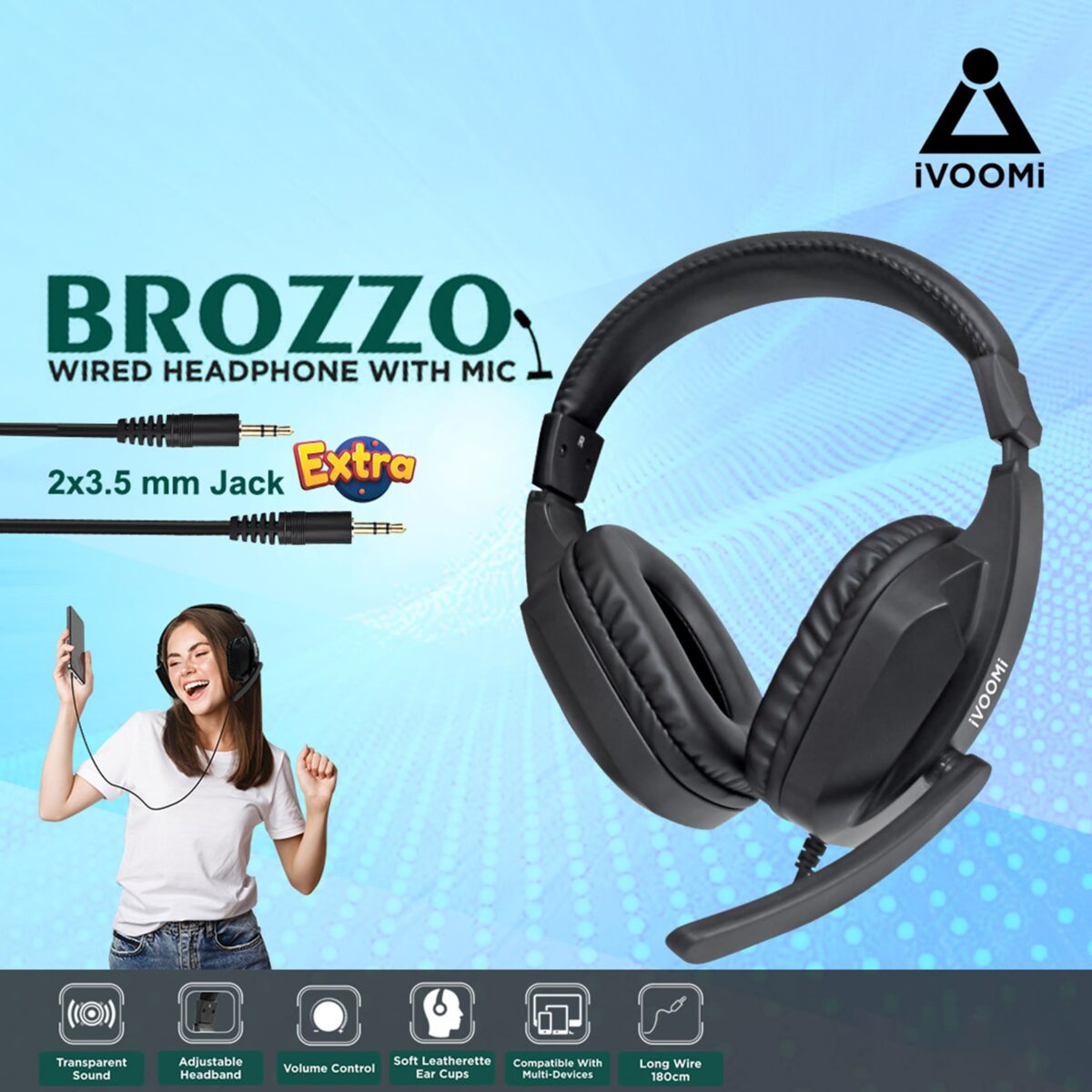 iVOOMi Wired Headphone with Mic | Pure Sound | Long Wire | 40MM Driver | 180cm long cable | Microphone | Volume Control | Extra 2*3.5mm Jack| 1 Warranty - Image 5