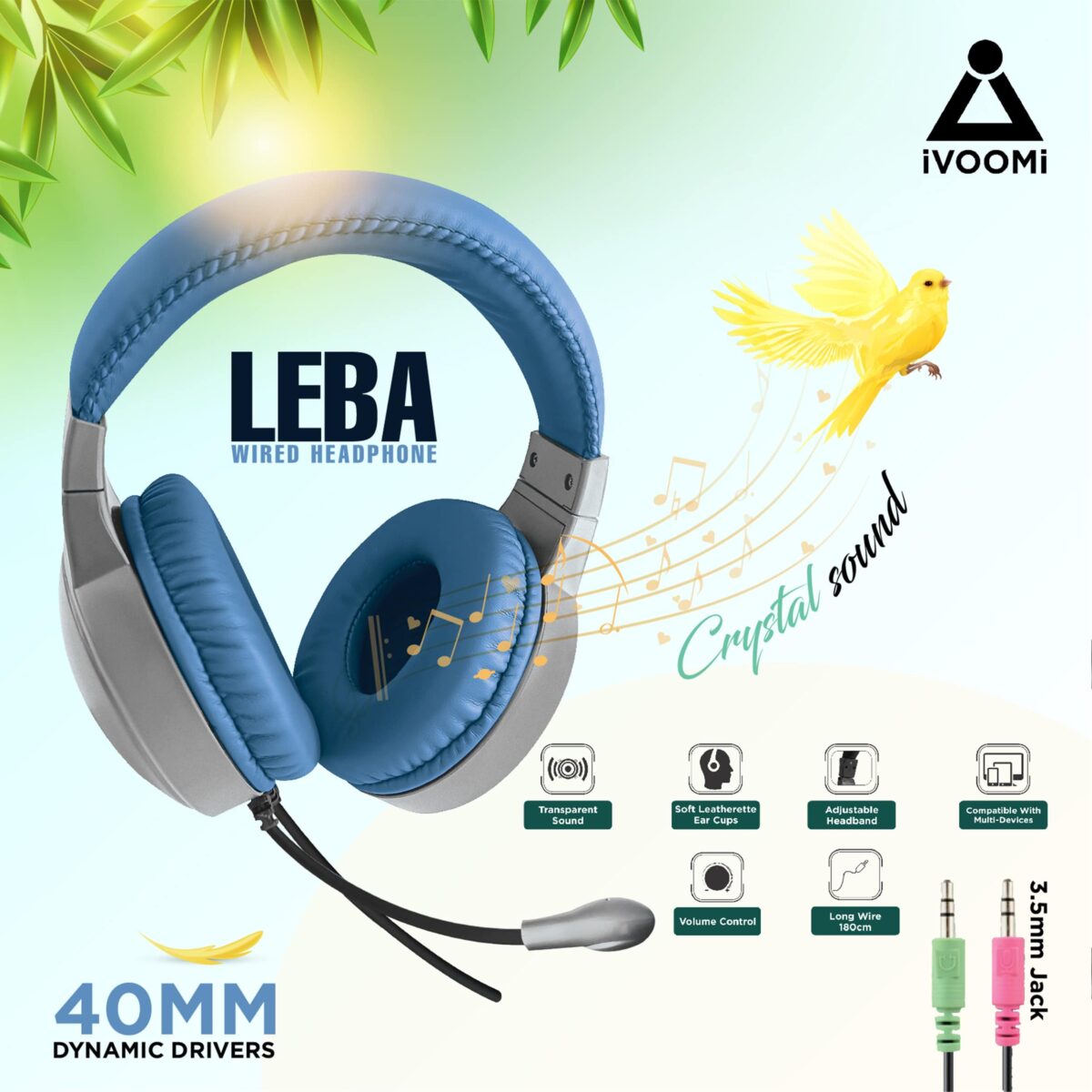 iVOOMi Wired Headphone with Mic | Pure Sound | Long Wire | 50MM Driver | 180cm long cable | Microphone | Volume Control | 2*3.5mm Jack| 1 Warranty - Image 3