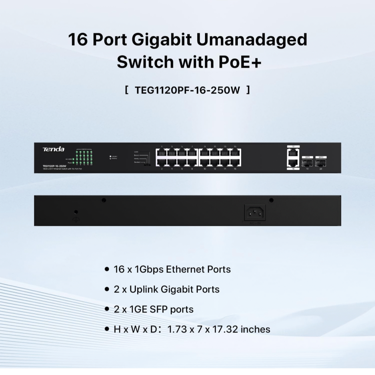Tenda TEG1128P 24 Port Gigabit PoE Switch, with 24 Port PoE+@410W, 2 uplink gigabit RJ45 Ports and 2 SFP Ports - Image 2