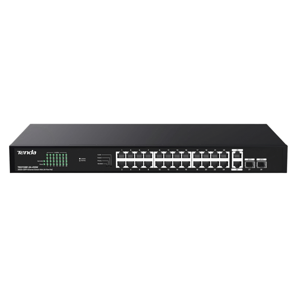 Tenda TEG1128P 24 Port Gigabit PoE Switch, with 24 Port PoE+@410W, 2 uplink gigabit RJ45 Ports and 2 SFP Ports - Image 1