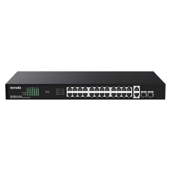 Tenda TEG1128P 24 Port Gigabit PoE Switch, with 24 Port PoE+@410W, 2 uplink gigabit RJ45 Ports and 2 SFP Ports