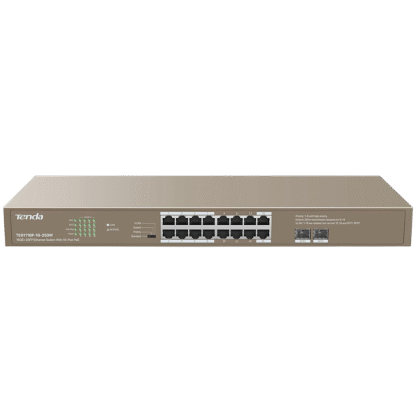 Tenda TEG1118P-16-250W Unmanaged Gigabit Ethernet Network Switch (10/100/1000), 16GE+2SFP Ethernet Switch with 16-Port PoE